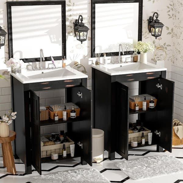 48 in. W Double Sink Solid Wood Frame Freestanding Bath Vanity in Espresso with White Ceramic Top and Adjustable Shelf
