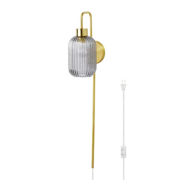 River of Goods Harlow 8.625 in. Brushed Gold-Colored Wall Sconce with Smoky Purple Globe-Shaped Glass Shade