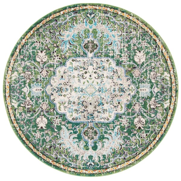 SAFAVIEH Madison Green/Turquoise 5 ft. x 5 ft. Border Geometric Floral Medallion Round Area Rug