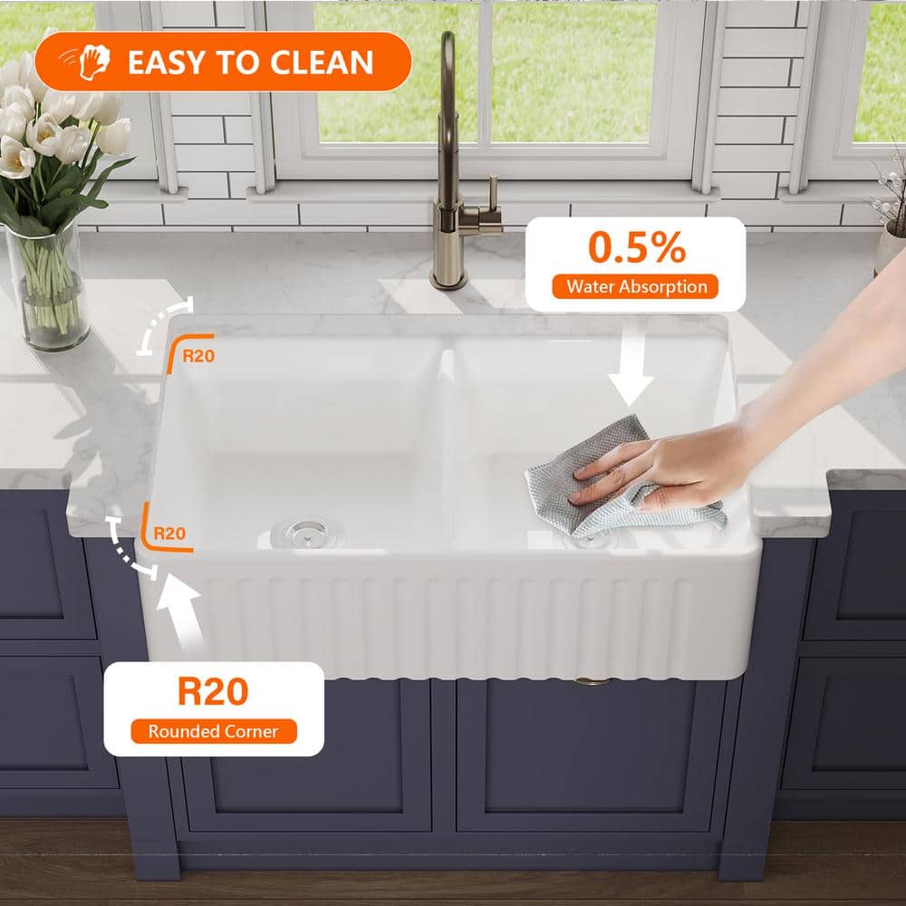 Eclipse 33" White Ceramic Double Basin Farmhouse Sink