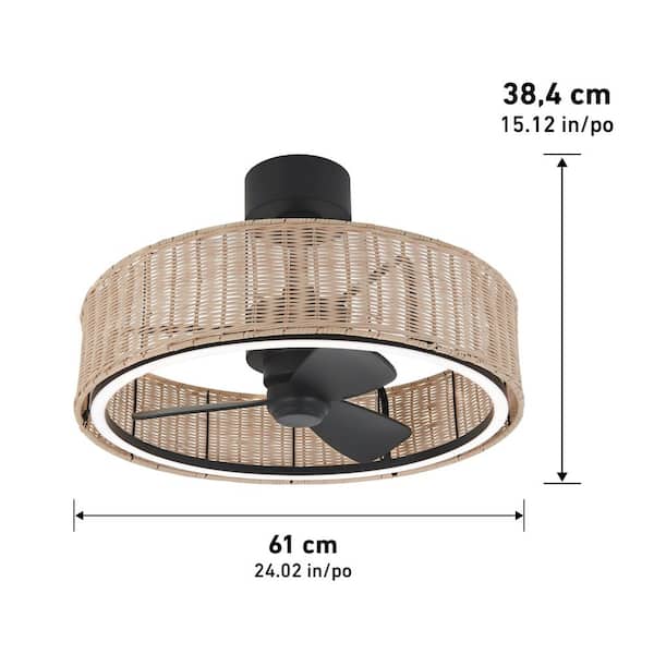 Kalani 24 in. Indoor Black and Rattan 8 Steps CCT 18.7 in. Integrated LED Ceiling Fan with Remote Included