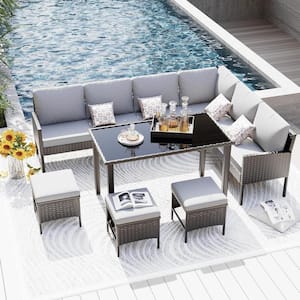 7-Piece Wicker Outdoor Patio Conversation Set with Gray Cushions and Glass Table for Backyard, Patio or Garden