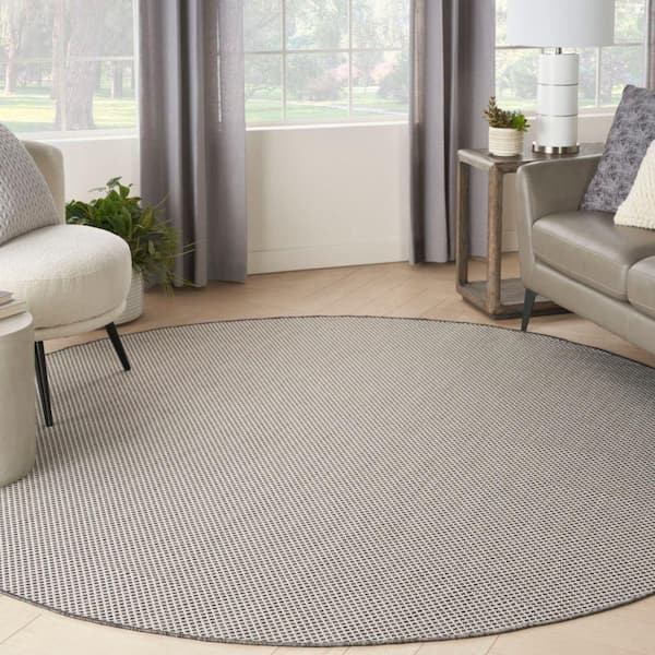 Courtyard Ivory/Charcoal 6 ft. x 6 ft. Solid Geometric Contemporary Round Indoor/Outdoor Area Rug