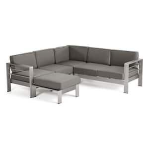 Cape Coral Silver 5-Piece Aluminum V-Shape Outdoor Patio Sectional Sofa Set with Ottoman and Khaki Cushion