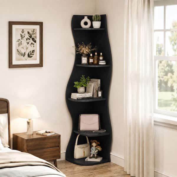 Modern 5-Tier Black S-Shaped Display Rack for Living Room, Bedroom, Bathroom, Home Office
