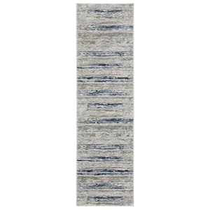 Emory Beige/Blue 2 ft. x 8 ft. Abstract Stripe Polypropylene Polyester Blend Indoor Runner Area Rug