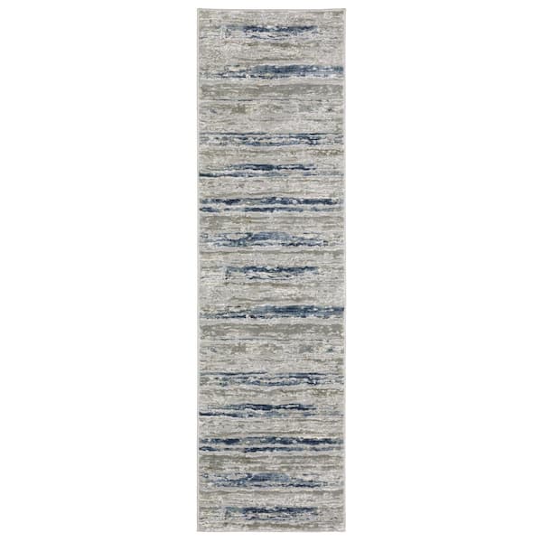 AVERLEY HOME Emory Beige/Blue 2 ft. x 8 ft. Abstract Stripe Polypropylene Polyester Blend Indoor Runner Area Rug