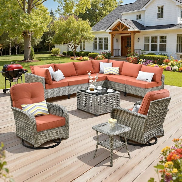Solvoc 10-Piece Wicker Outdoor Patio Conversation Sofa Set with Orange Red Cushion, Swivel Chair, Lights Coffee Table