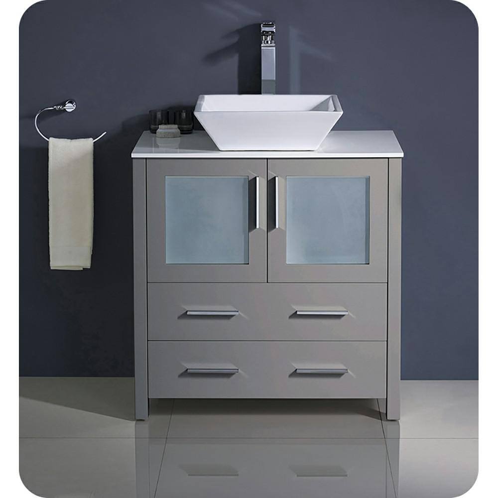 Gray Engineered Wood Freestanding Single Sink Vanity Base with Frosted Glass Doors