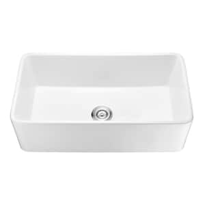 36 in. Rectangular Farmhouse Apron Single Bowl White Ceramic Kitchen Sink with Grid and Strainer