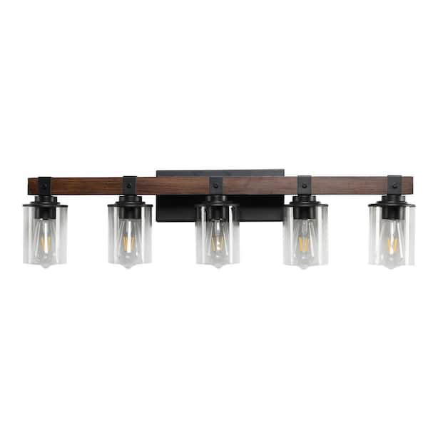 34.6 in. W 5-Lights Vanity Light Farmhouse Sconce with Clear Glass Shade for Bathroom Mirror Kitchen, E26, No Bulbs