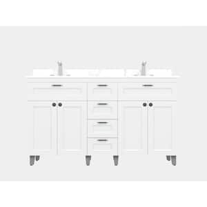 60 in. W x 21 in. D x 35 in. H Metal Bathroom Vanity in White with Carrera Engineered Marble Vanity Top with White Bowls