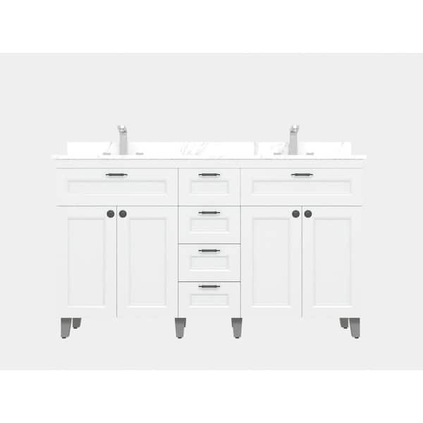 Winette 60 in. W x 21 in. D x 35 in. H Metal Bathroom Vanity in White with Carrera Engineered Marble Vanity Top with White Bowls