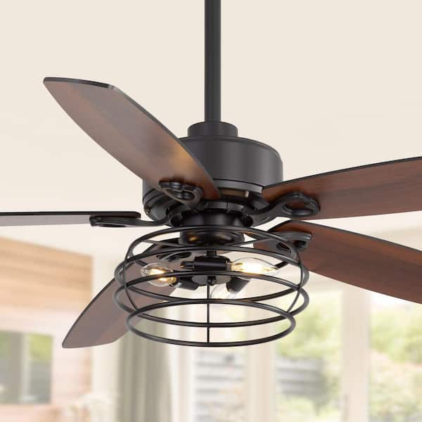 Breezary 52 in. Indoor Matte Black Downrod Mount Ceiling Fan with Enclosed Light Kit, 5 Black/Brown Blades and Remote Included