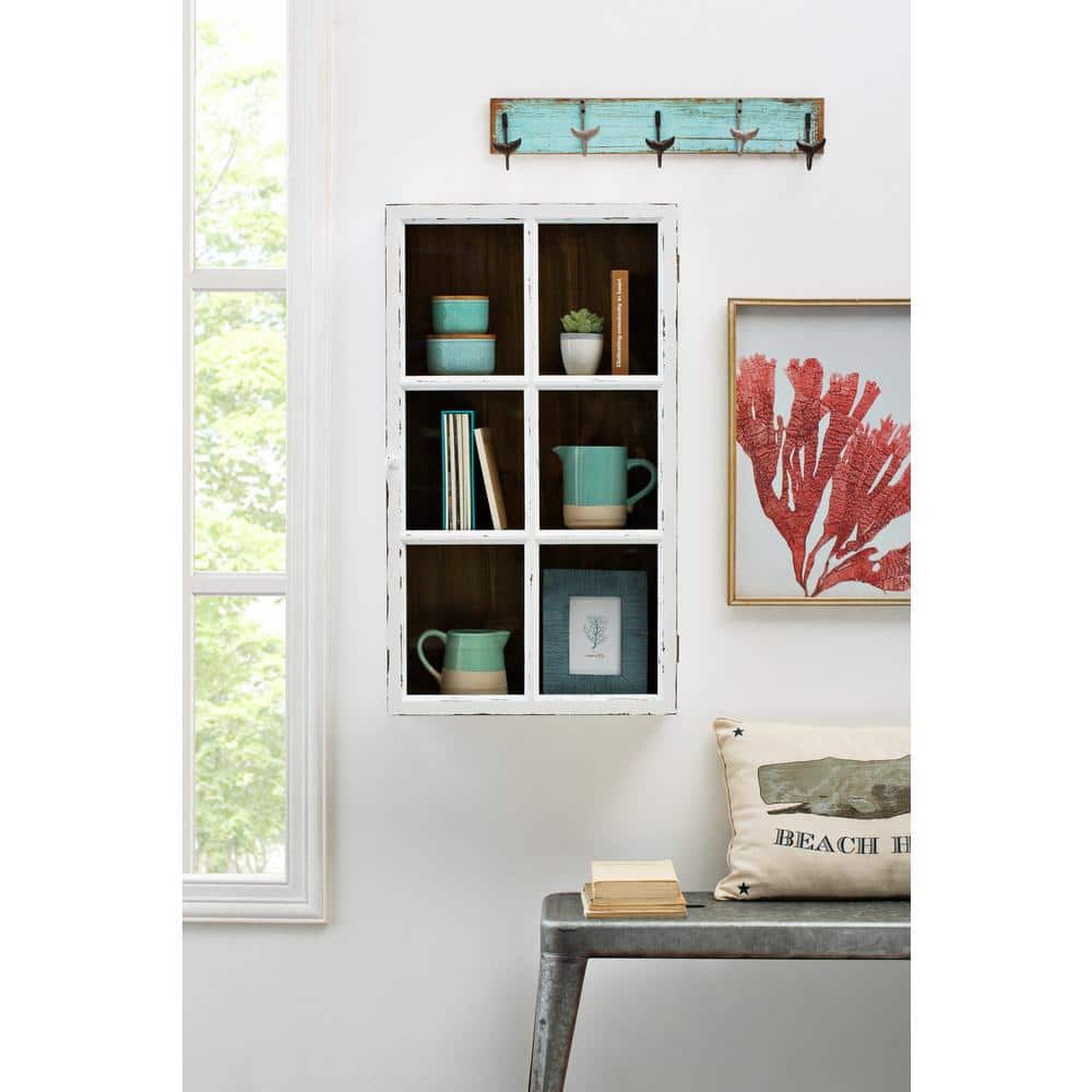Antique White Distressed Wood Wall Cabinet with Glass Door and Shelves