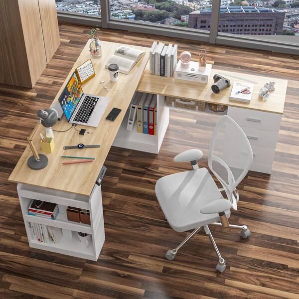 FUFU&GAGA 63 in. W L- Shaped Adjustable Height Desk