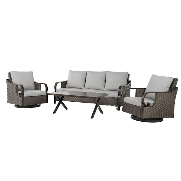Mondawe 4-Piece Wicker 3-Seater Outdoor Sectional Sofa Set Couch and Swivel Single Sofa Chairs Table Set with Beige Cushions