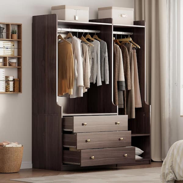 Brown Wood 52.4 in. Open Wardrobe with Shelves and 3 Drawers 2 Hanging Rods