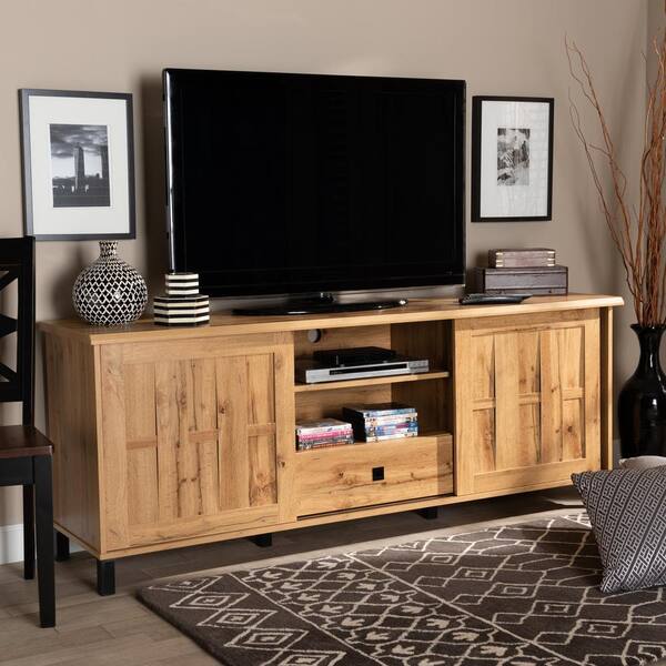 Baxton Studio Unna 70.87 in. Oak Brown and Black TV Stand Fits