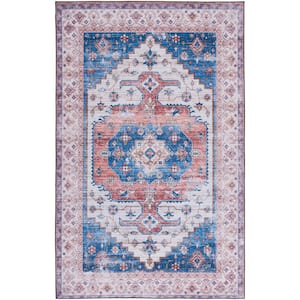 Tuscon Beige/Blue Doormat 3 ft. x 5 ft. Machine Washable Border Medallion Floral Area Rug