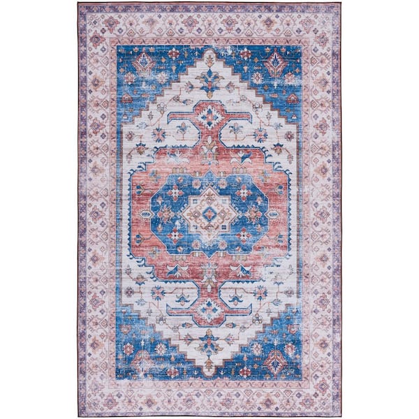 SAFAVIEH Tuscon Beige/Blue 9 ft. x 12 ft. Machine Washable Border Medallion Floral Area Rug