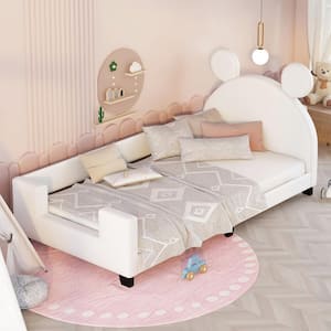 White Twin Size Upholstered Wooden Platform with Cartoon Ears Shaped Headboard