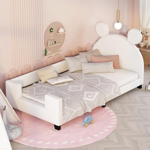Harper & Bright Designs White Twin Size Upholstered Wooden Platform with Cartoon Ears Shaped Headboard
