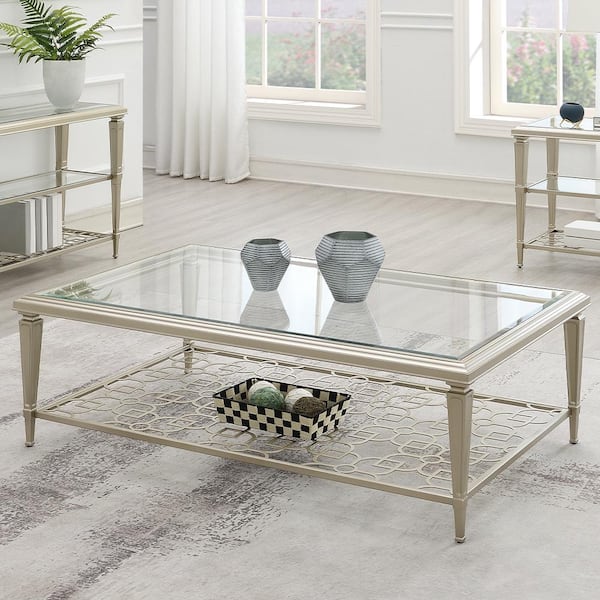 Acme Furniture Zaba 54 in. Glass Top & Silver Finish Rectangle Metal Coffee Table with No Additional Features