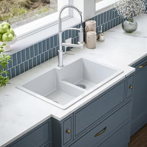 QT-811 Quartz 33 in. 60/40 Double Bowl Drop-In Kitchen Sink in White