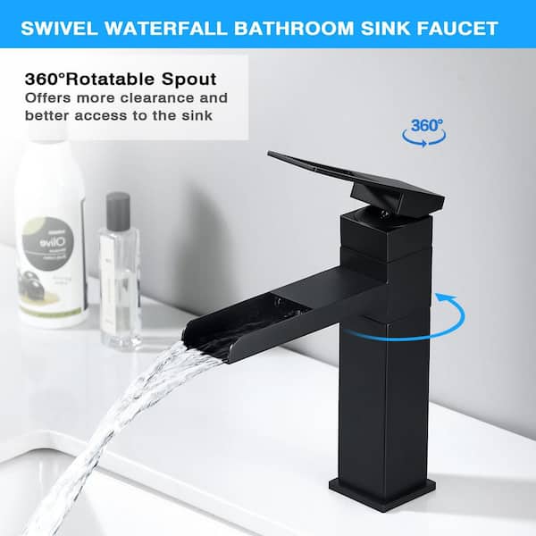 Single Handle Single Hole 360° Rotating Waterfall Spout Bathroom Faucet in Stainless Steel Matte Black