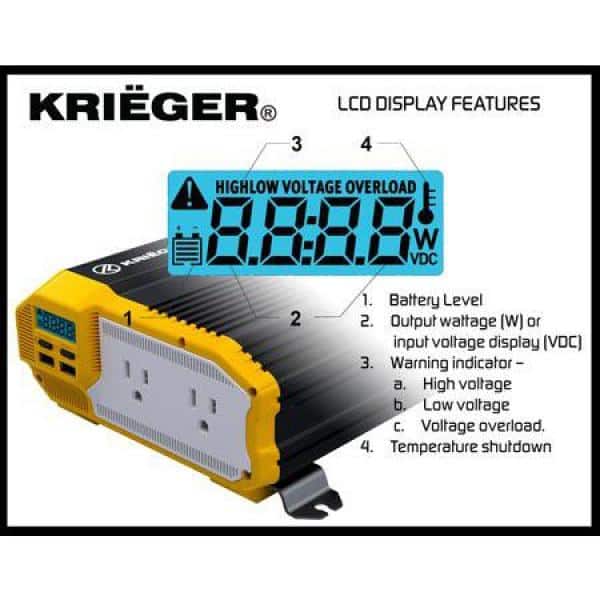 KRIEGER Inversor 12V KR1100 1100W DC 220V c/adaptador c/control c/salida usb