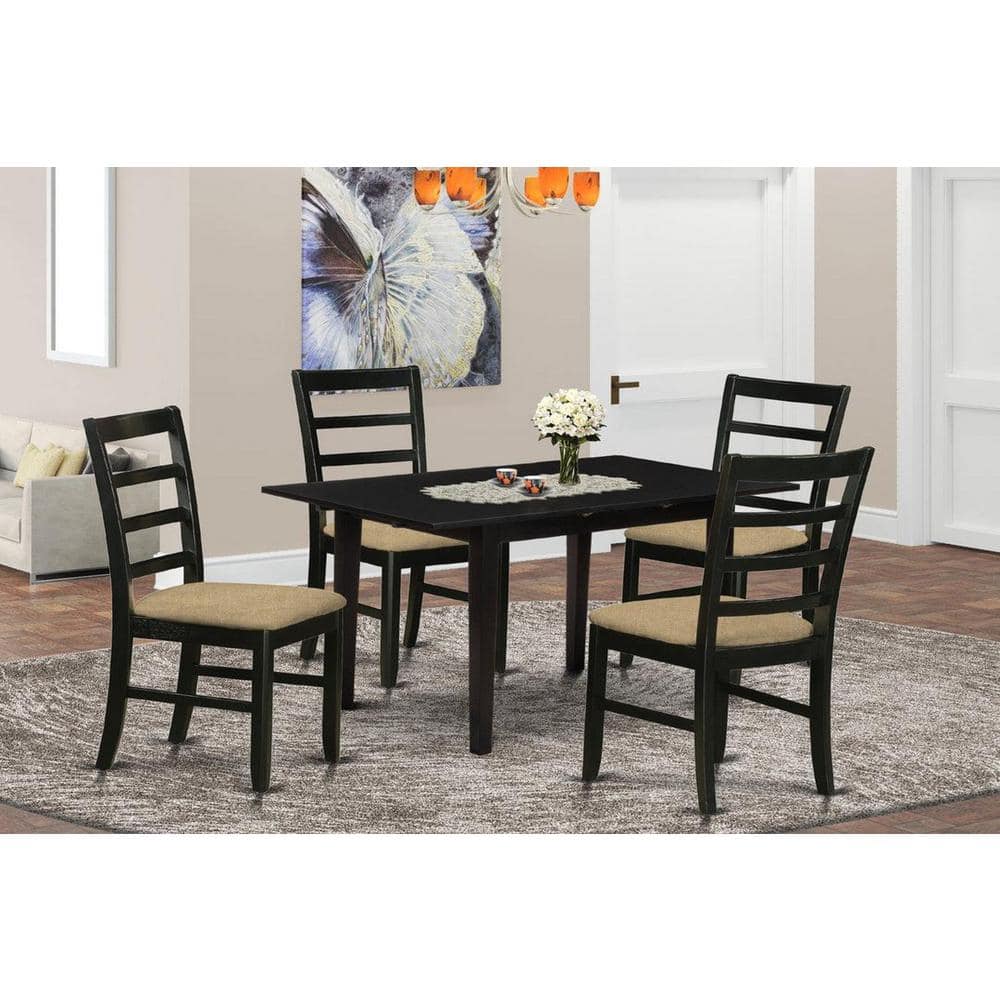 5-Piece Black Finish Solid Wood Top - Rectangular Dining Room Set with Butterfly Leaf (Seats 4)