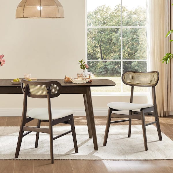 Dion Cream/Walnut Fabric Handcrafted Modern Upholstered Dining Chairs with Woven Low Back for Dinning Room (Set of 2)