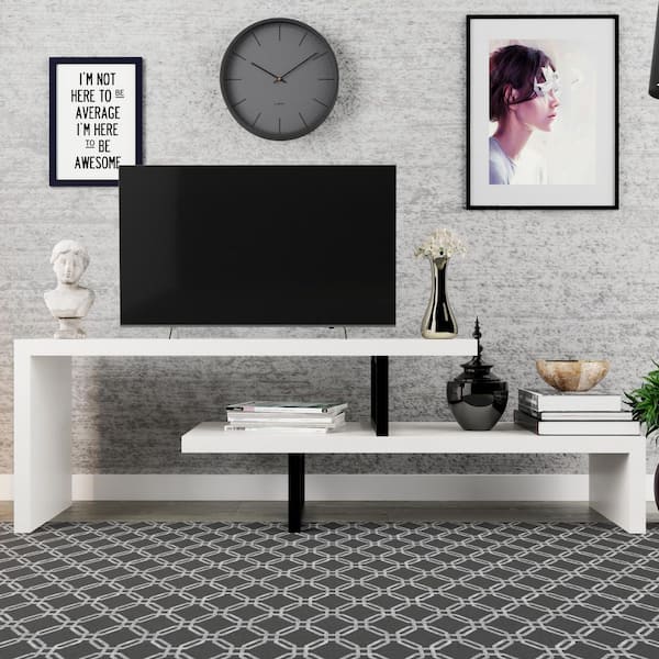 Orford Mid-Century Modern TV Stand with MDF Shelves and Powder Coated Iron Legs, White