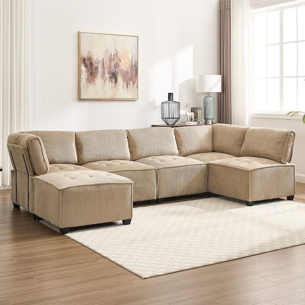 HOMEFUN 122 in. sq. 6-Piece U Shaped Corduroy Modern Sectional Sofa in. Khaki with Moveable Ottoman