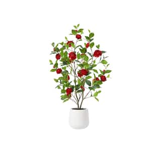 Artificial 4 ft. Camellia Tree with 9 in. White Planter, Tall Fake Camellia Trees with Red Flowers