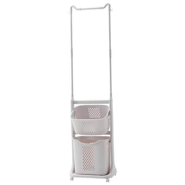 White Plastic 2 Bag Laundry Sorter with Hanging Bar Laundry Baskets on Wheels Removable, Stackable Laundry Hamper Cart