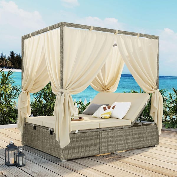 Polibi Wicker Outdoor Day Bed with Beige Cushions and Curtain