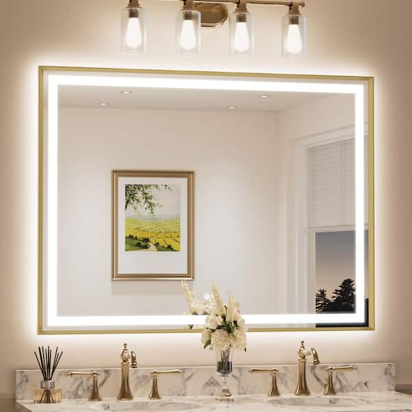 48 in. W x 36 in. H Rectangular Framed LED Lighted Bathroom Vanity Mirror with Light in Gold with Backlit and Anti-Fog