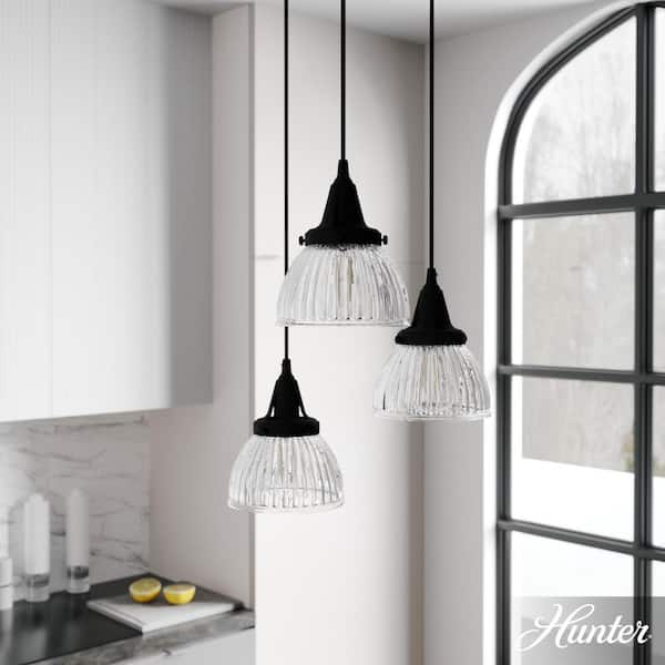 Hunter Cypress Grove 3 Light Natural Iron Waterfall Chandelier with Clear Holophane Glass Shades Kitchen Light