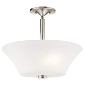Aubrey 15 in. 3-Light Brushed Nickel Hallway Transitional Semi-Flush Mount Ceiling Light with Satin Etched Cased Opal