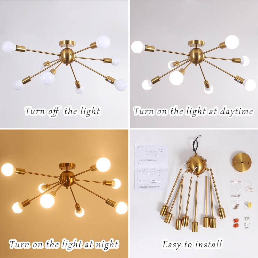 Gold Metal 8-Light Sputnik Semi Flush Mount Ceiling Light