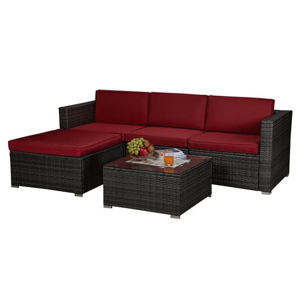 Unbranded 5-Piece Wicker Patio Conversation Sectional Seating Set with Red Cushion
