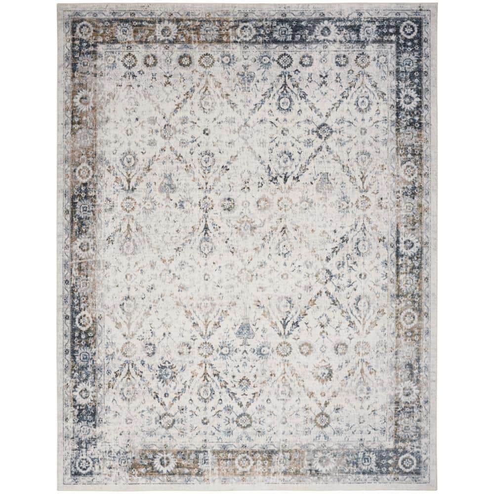 Ivory Blue Floral Synthetic 8' x 10' Washable Rug