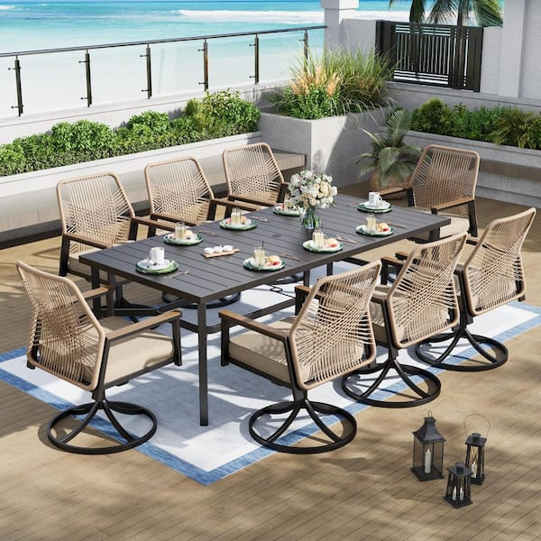 9-Piece Black Metal Patio Outdoor Dining Set with Rectangle Table and Woven Rope Swivel Chair with Beige Cushions