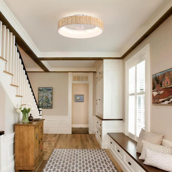 20 in. Indoor White Boho Flush Mount Rattan Ceiling Fan with Light and Remote, Dimmable Low Profile Ceiling Fan