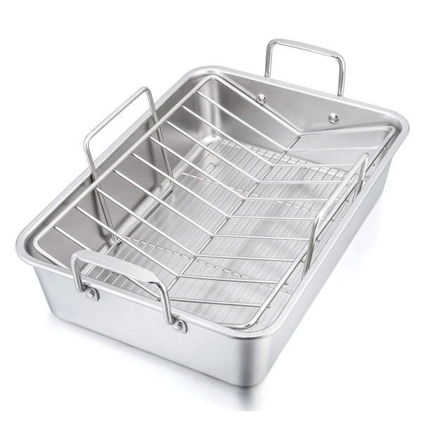 16 qt. Silver Stainless Steel Roasting Pan with Rack Cooktop Compatible Roaster with Lid 3 Piece Set