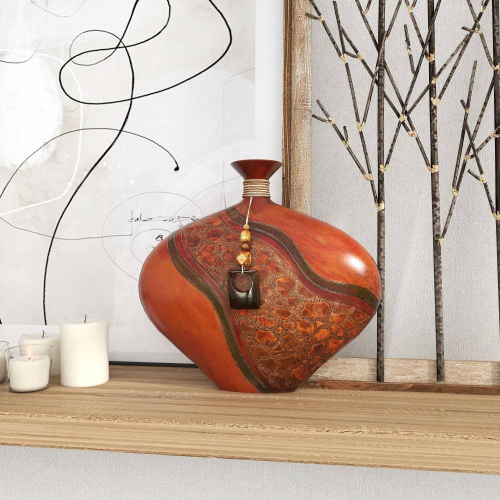 14" Cognac Brown Polystone Vase with Carved Abstract Designs
