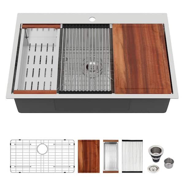 Lindra 30 in. x 22 in. Drop-in/Undermount Single Bowl 16-Gauge Stainless Steel Workstation Kitchen Sink with Accessories