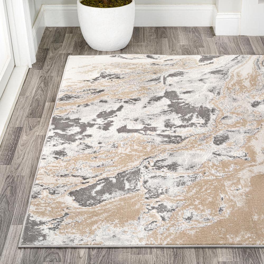 Marbled Swirl Ivory and Charcoal 5'x8' Synthetic Area Rug